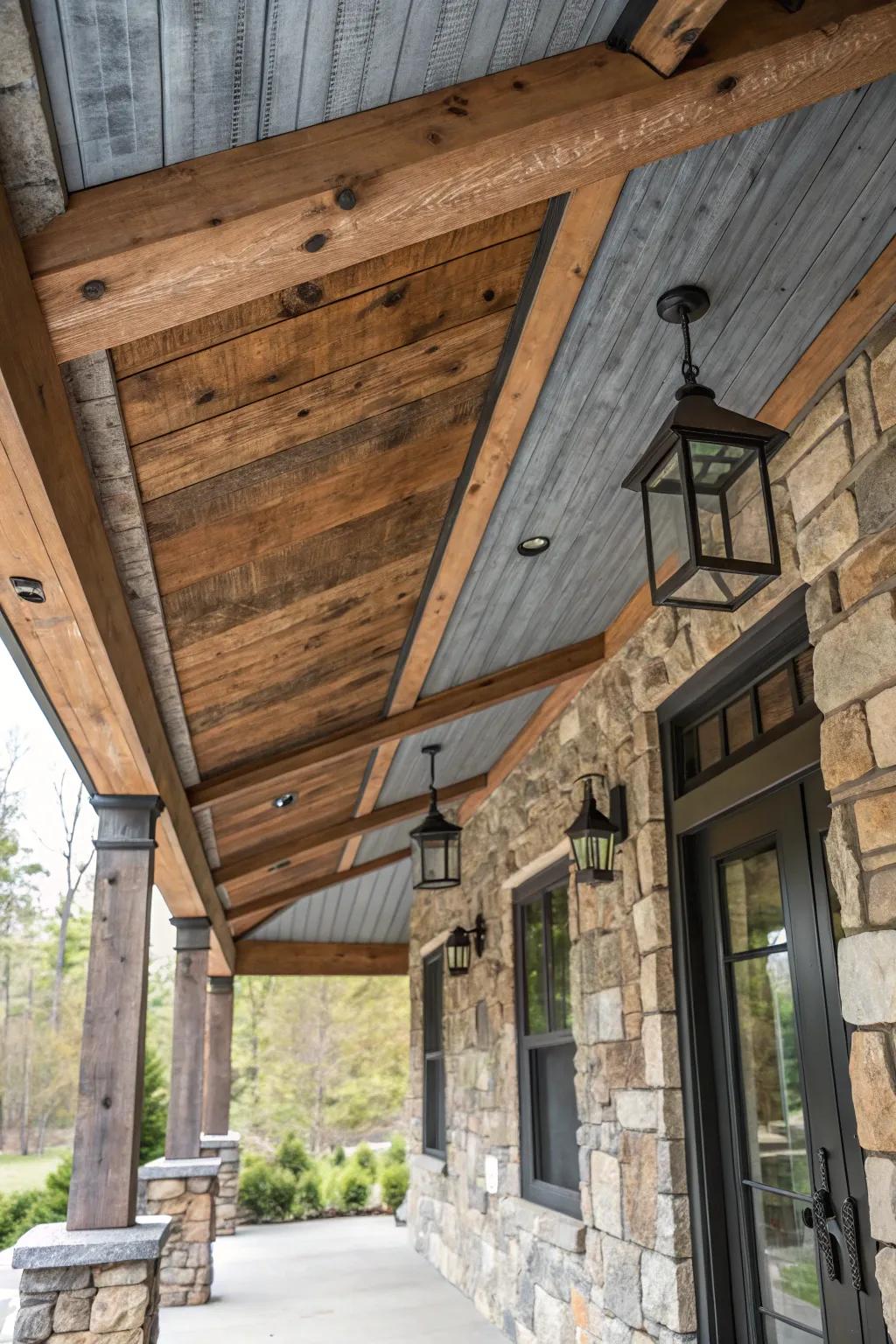 Combined materials establish a layered and textured look.