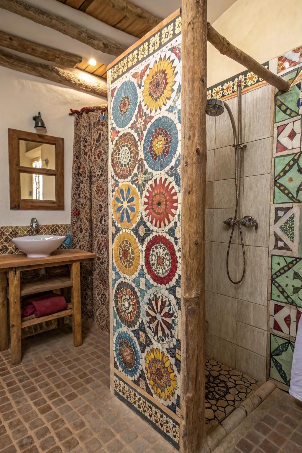 A country shower designed with mosaic patterns that enhance the coloring and design.