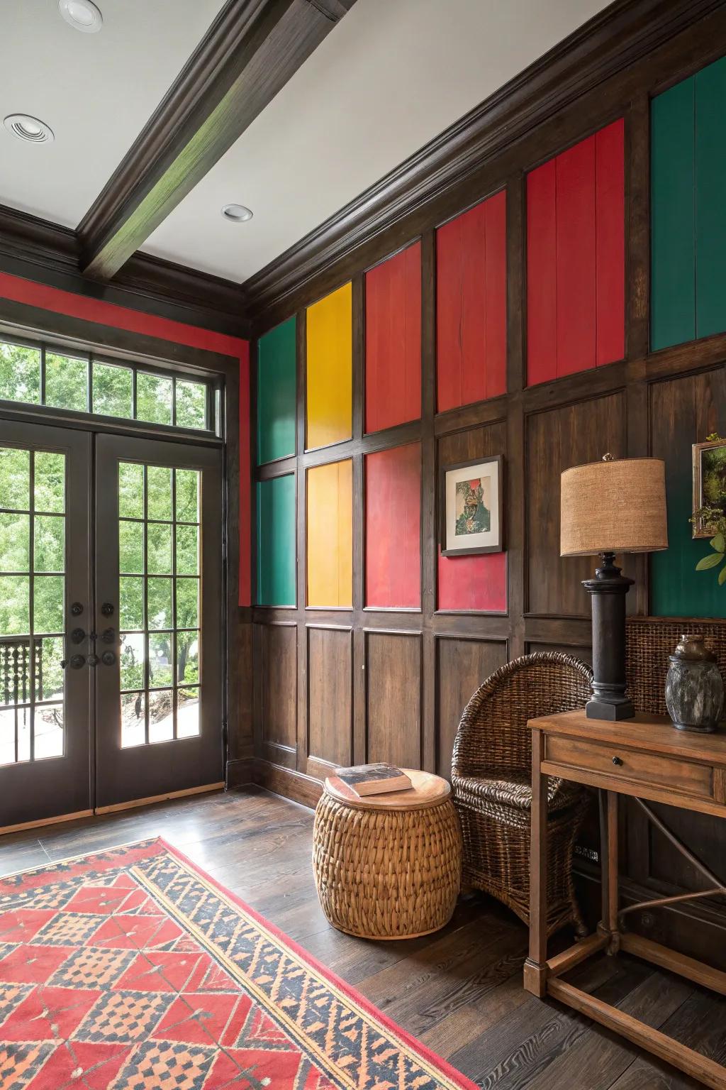 Bold colors in rustic wainscoting for a vibrant effect.