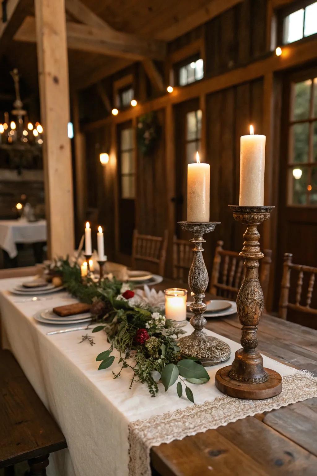 Aged candle holders offering a touch of elegance to the countryside table.