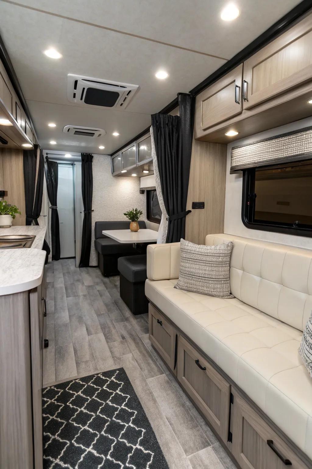 A uniform tone palette fashions a polished, coherent RV interior.