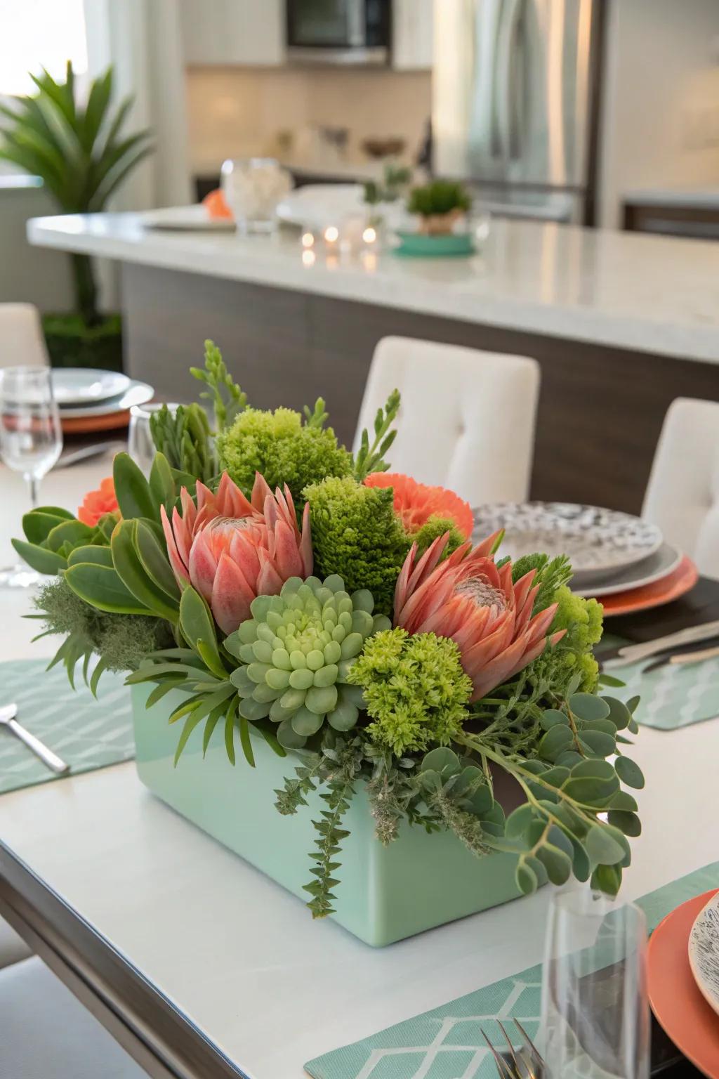 A vibrant and cheerful centerpiece featuring soft green and coral.