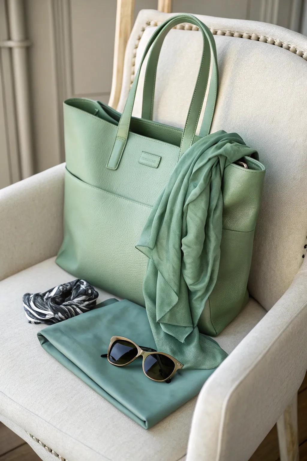 A sage green carryall delivers versatility and style on the go.