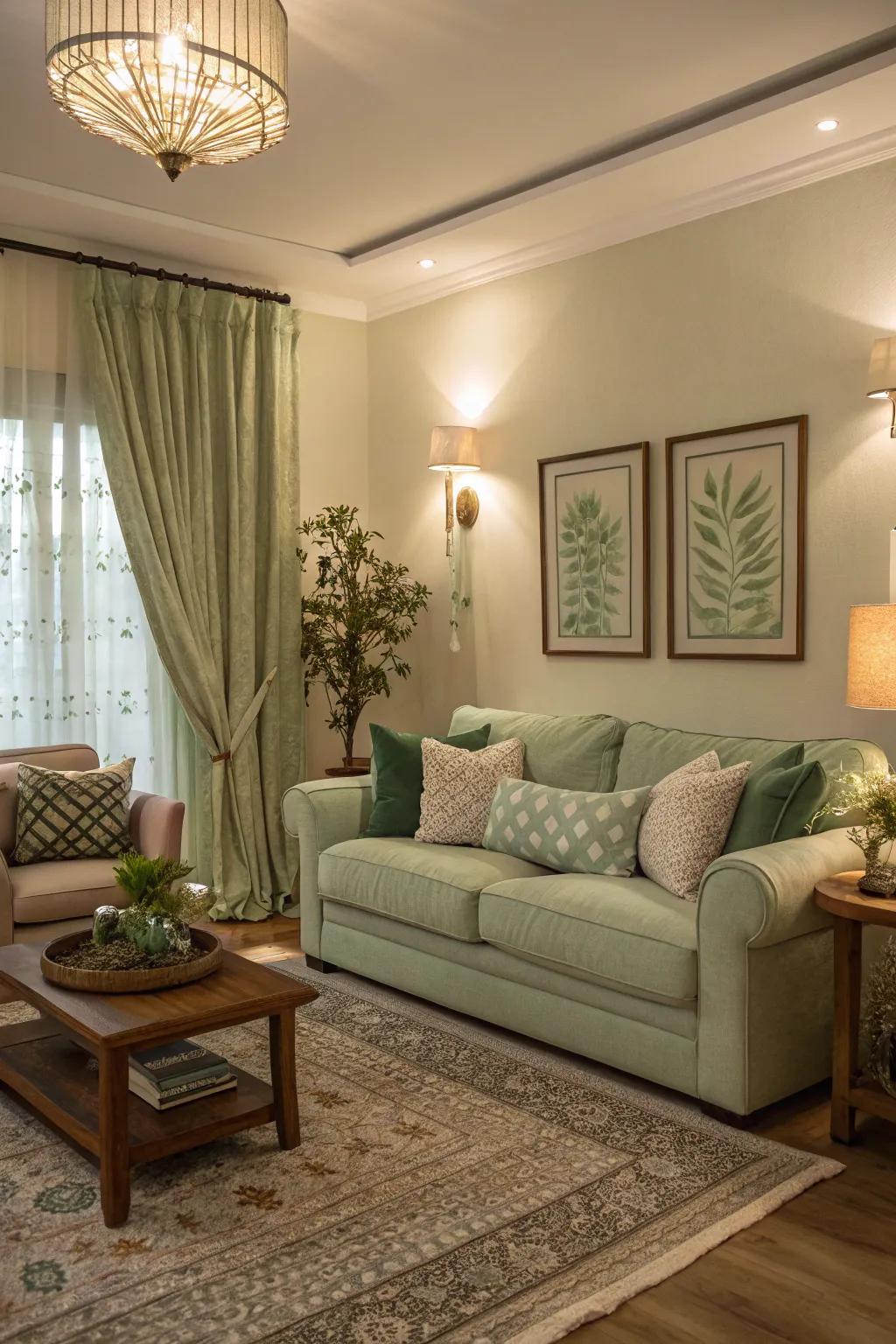 Ambient illumination creates a warm, inviting glow in a sage green room.