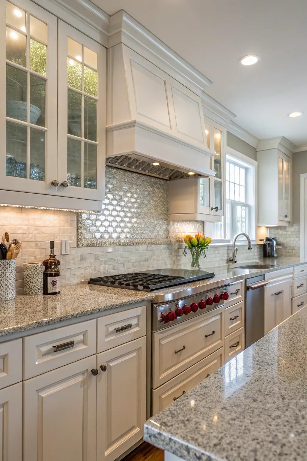 Glass tiles introduce elegance and depth to Sierra Gold stone.