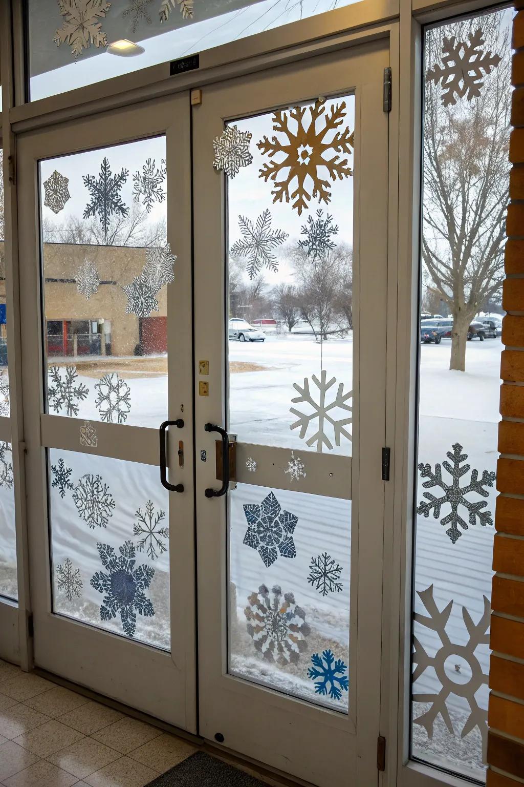 A winter-themed school door featuring intricate snow crystals.