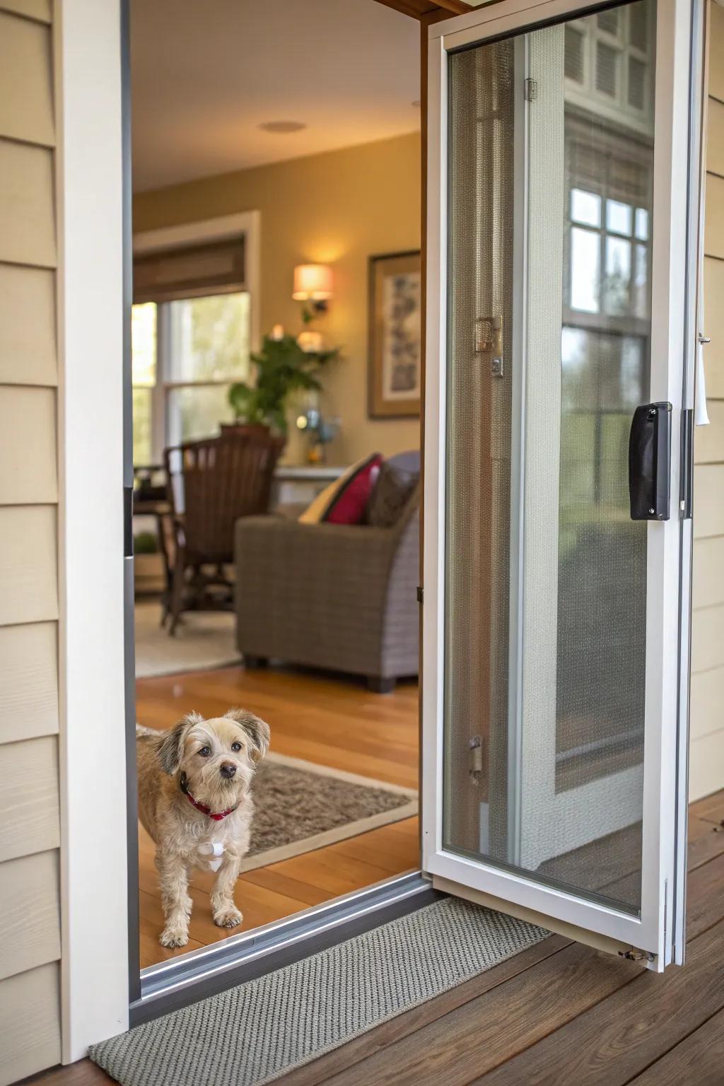 This pet-friendly screen door features an opening for furry companions.