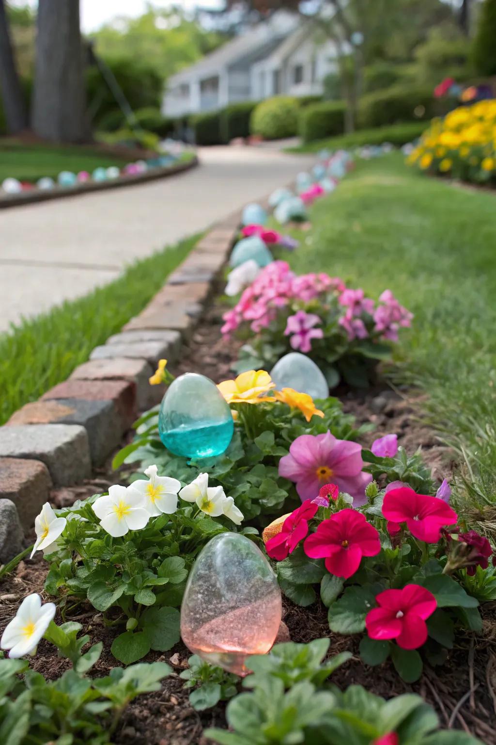 Sea glass garden markers bring color and practicality to the garden.