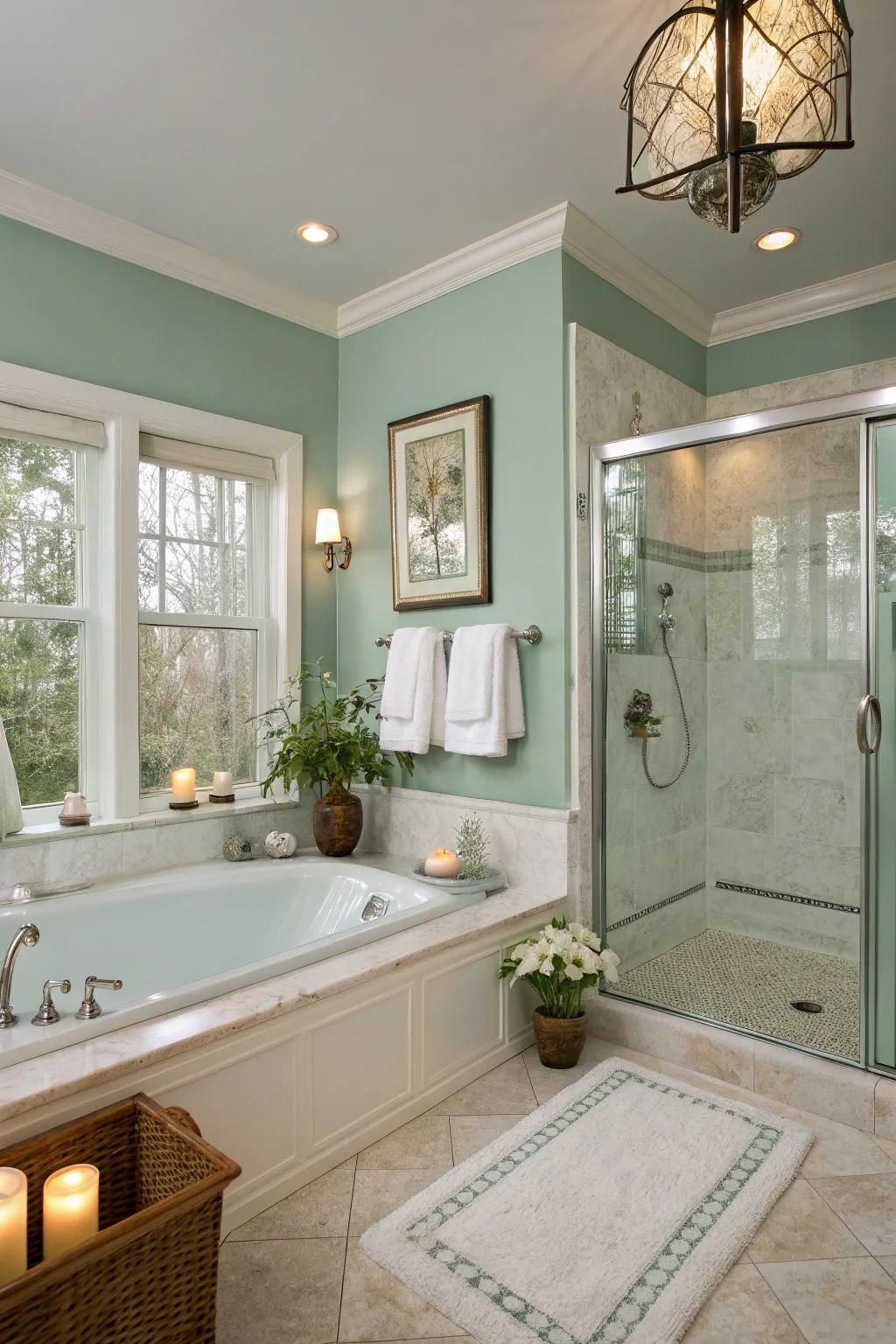 A spa-inspired restroom retreat showcases revitalizing seafoam green walls.
