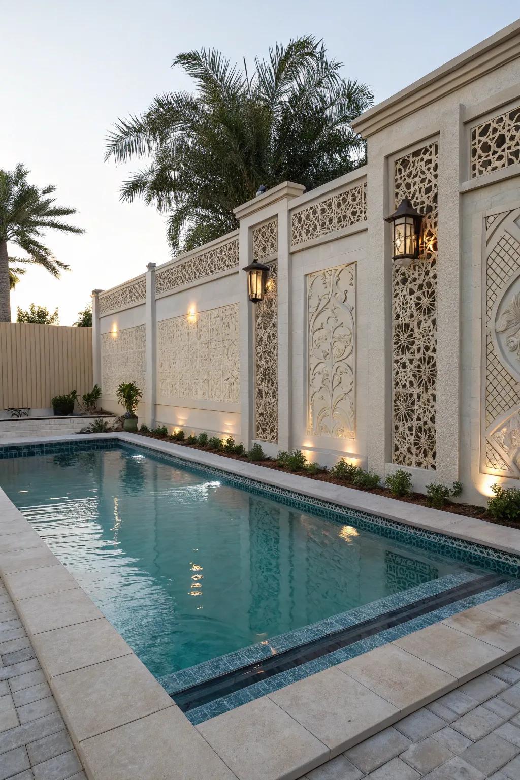 A semi inground pool with eye-catching feature walls that add artistic flair.