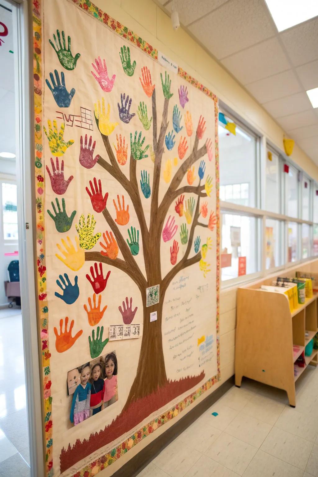 A bulletin board designed as a kindness tree, crafted from handprints.