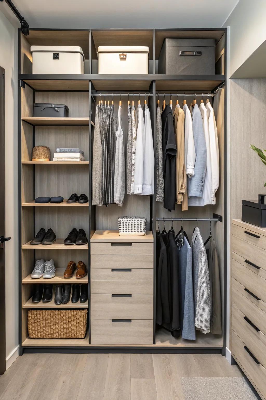 A closet featuring adaptable, customizable elements for personalized storage.