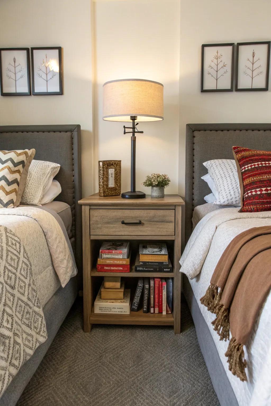 A shared nightstand subtly divides and unites the area.