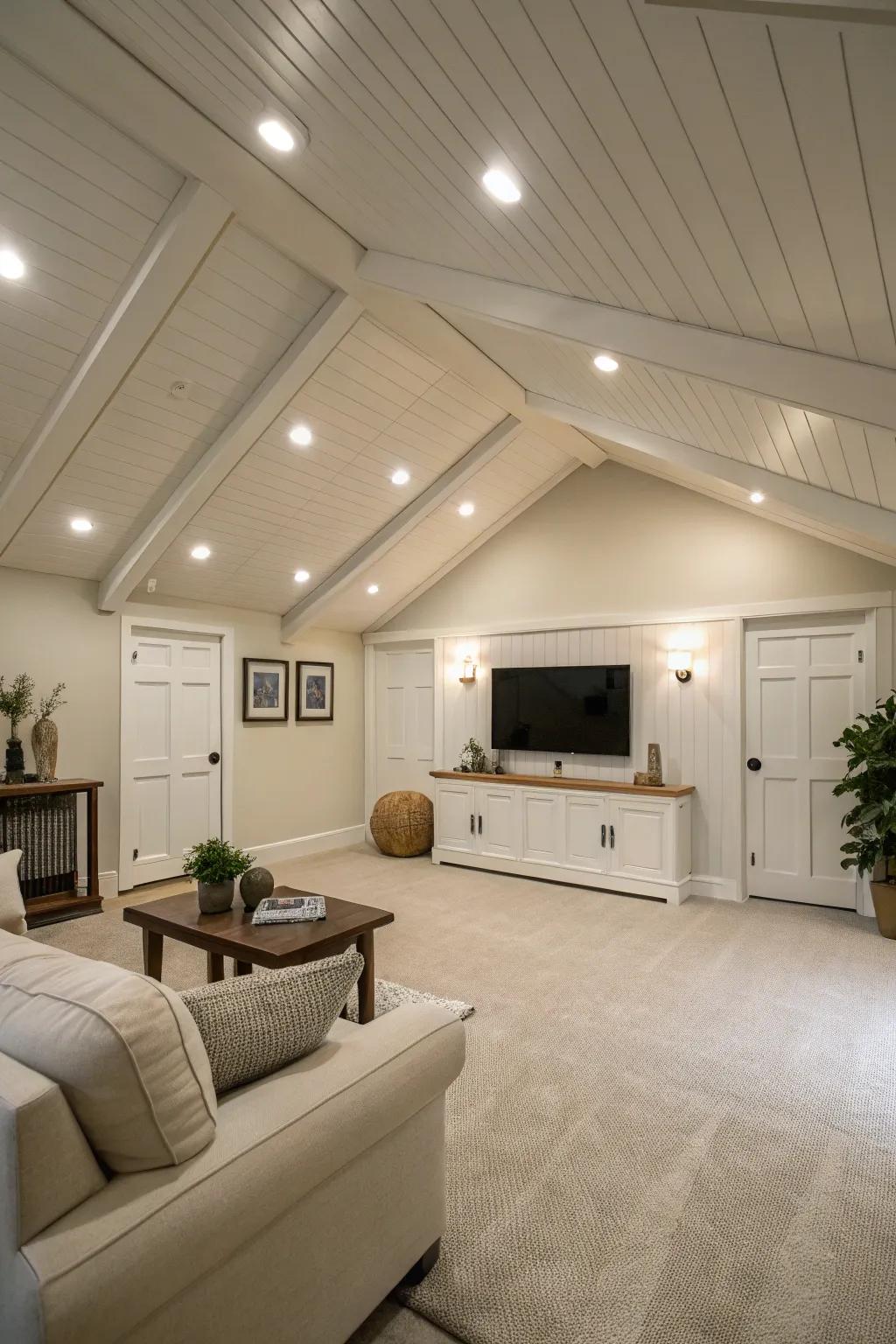 Minimalist sophistication using sconce lighting in a shed ceiling.