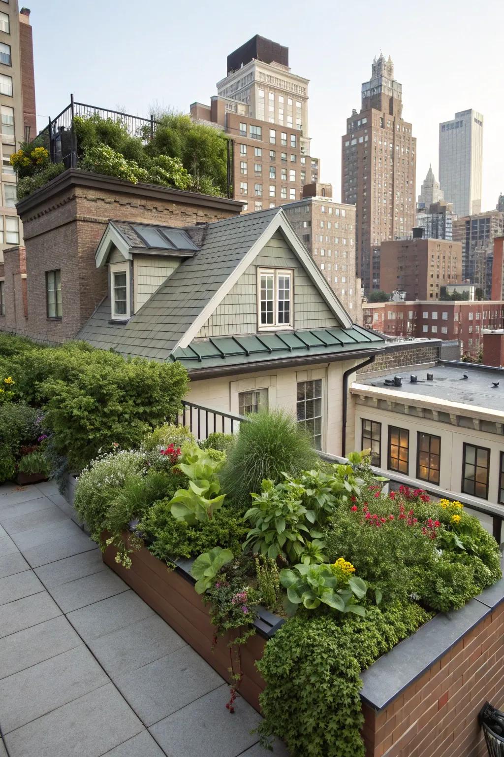 Metropolitan house featuring a rooftop garden on the shed dormer.