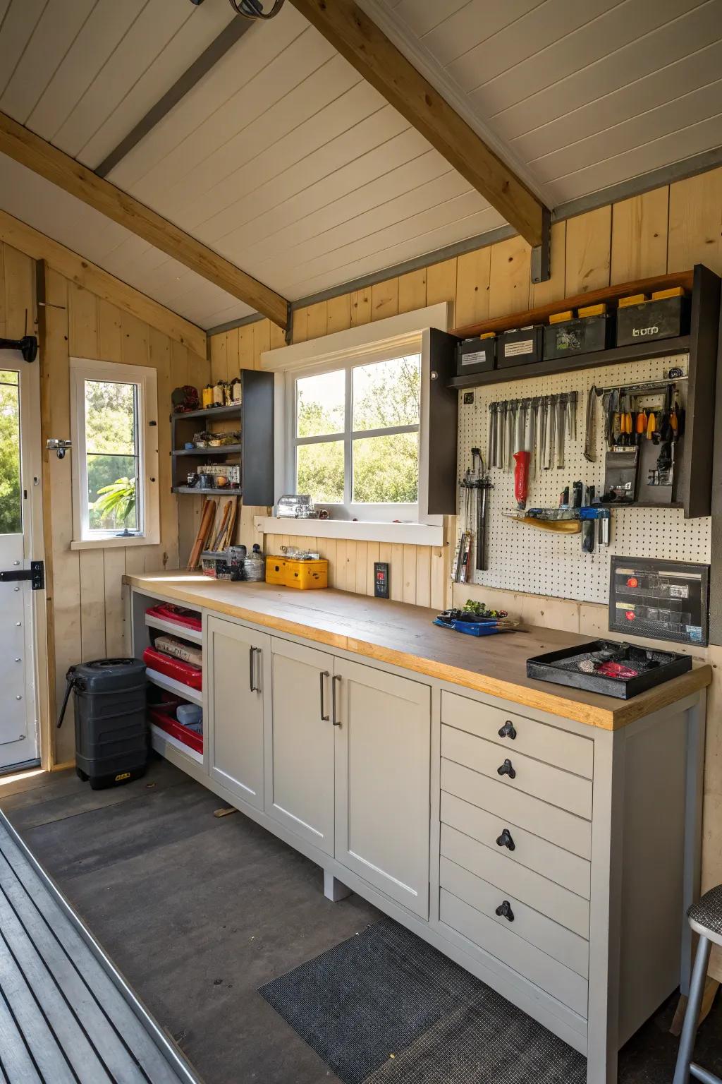 A shed converted into a functional and organized workshop.
