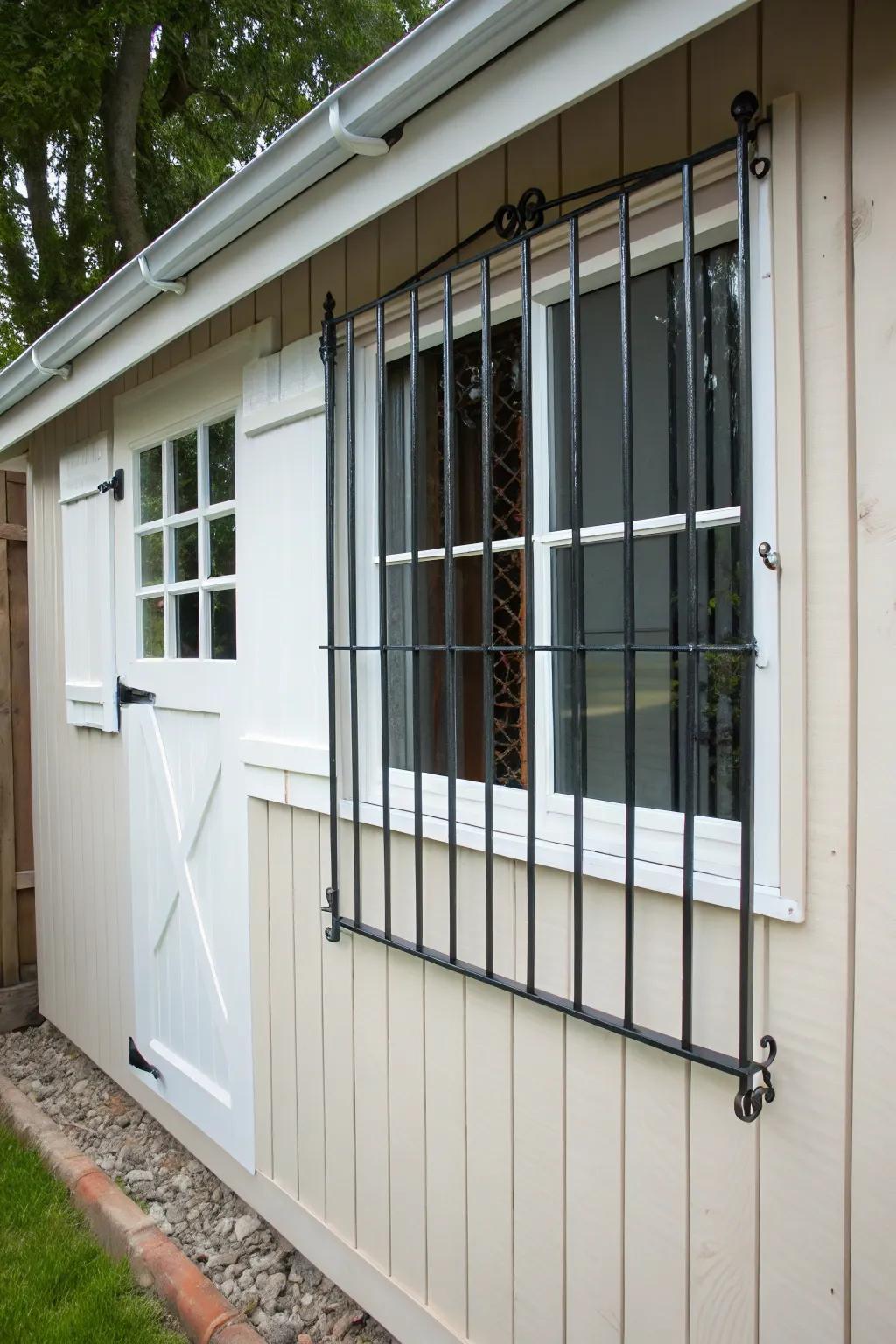 Steel grates reinforce a shed window, combining security with style.