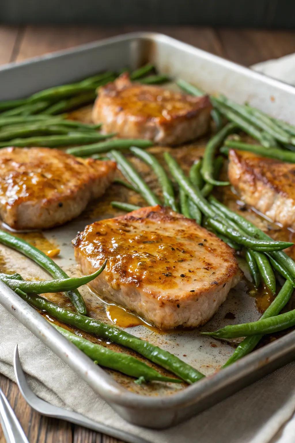 A sweet and savory delight featuring pork cutlets with honey mustard alongside green string beans.