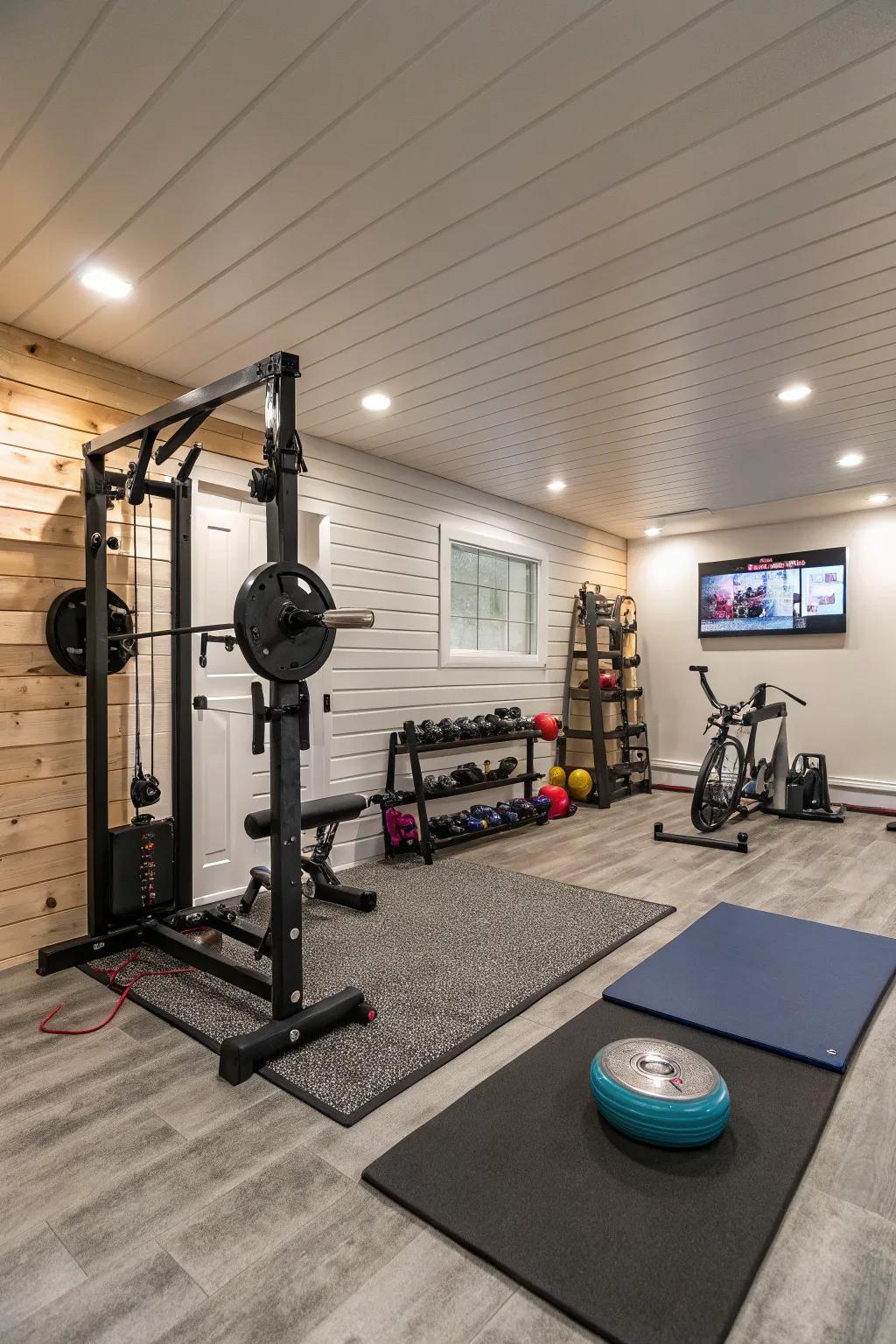 A stylish home workout area in the basement with groove paneling walls.