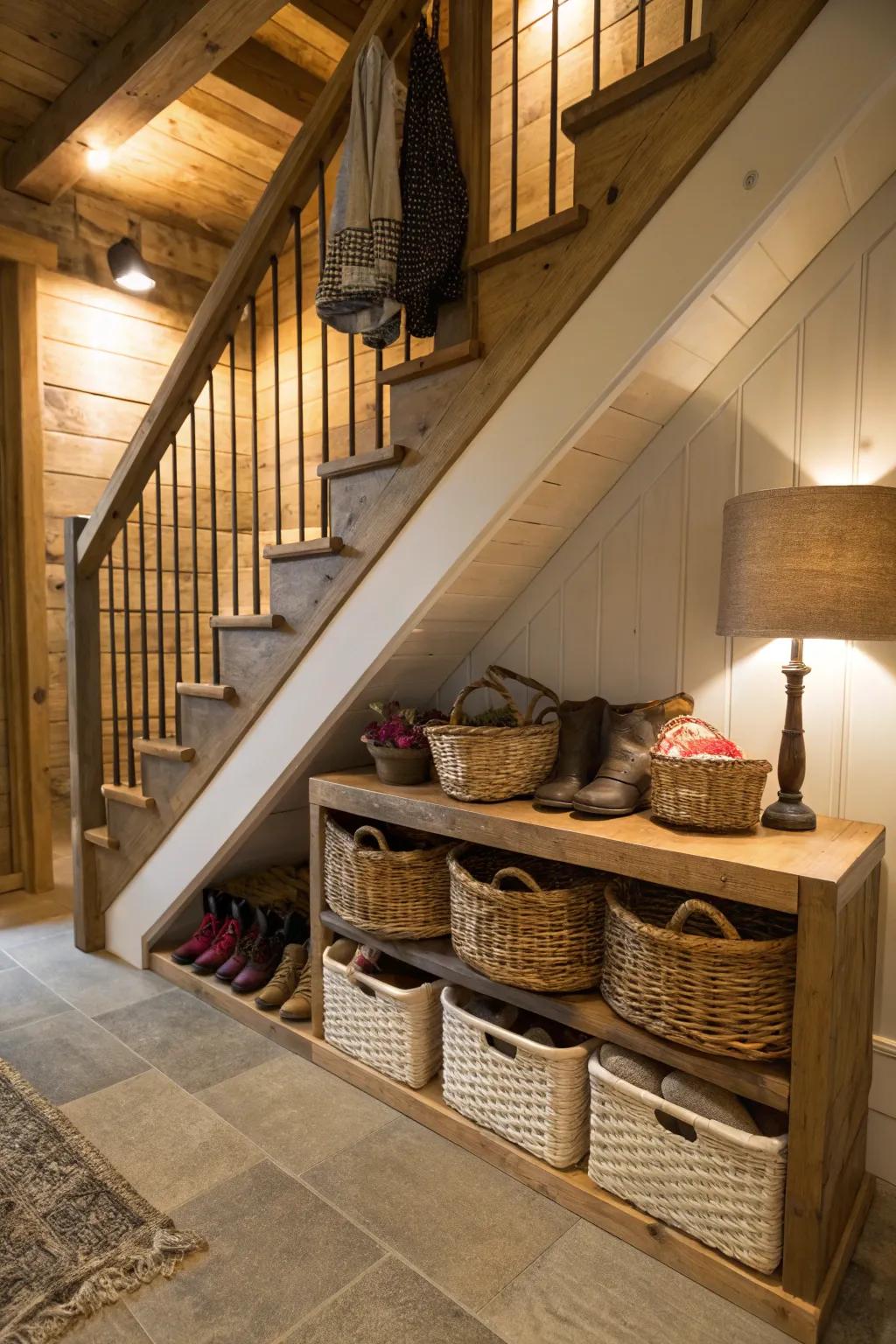Under-the-stairs basket storage uses otherwise wasted space.
