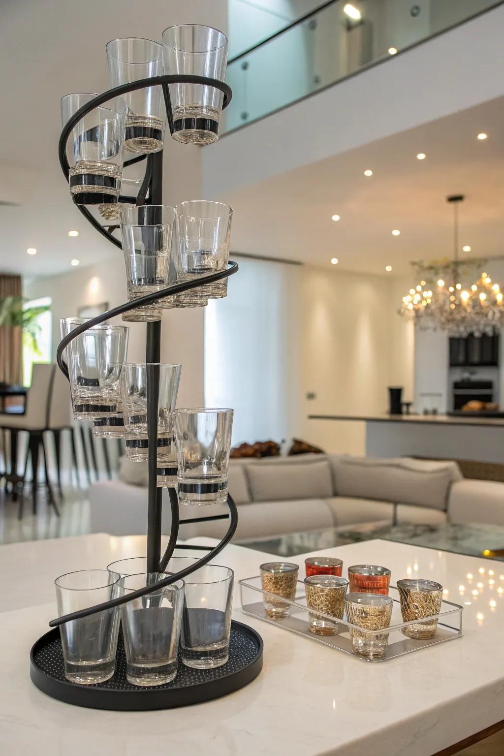 A modern home showcases a spiraling display of shot glasses, providing views from every angle.