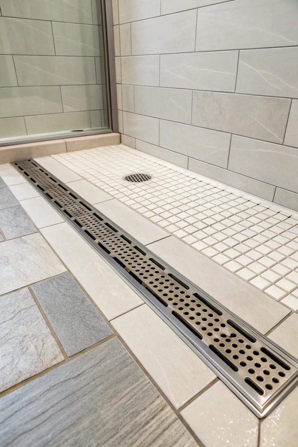 A sleek linear channel smoothly integrated into a modern tile design on the shower base.