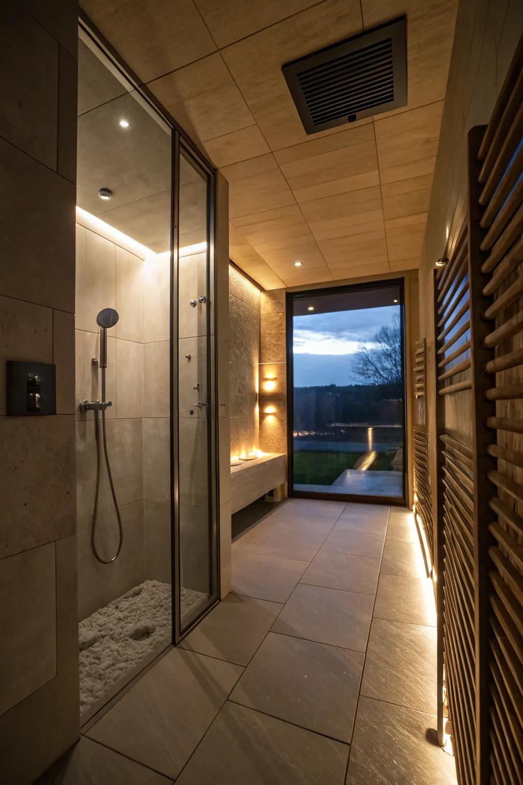 A shower room with atmosphere lighting to enhance the ambiance.