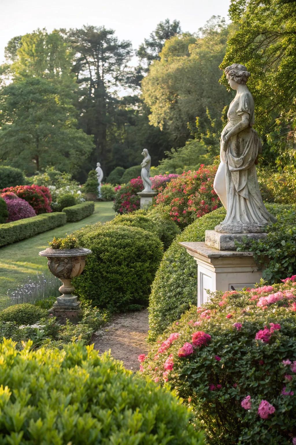 Artistic sculptures serve as captivating focal points in the garden.
