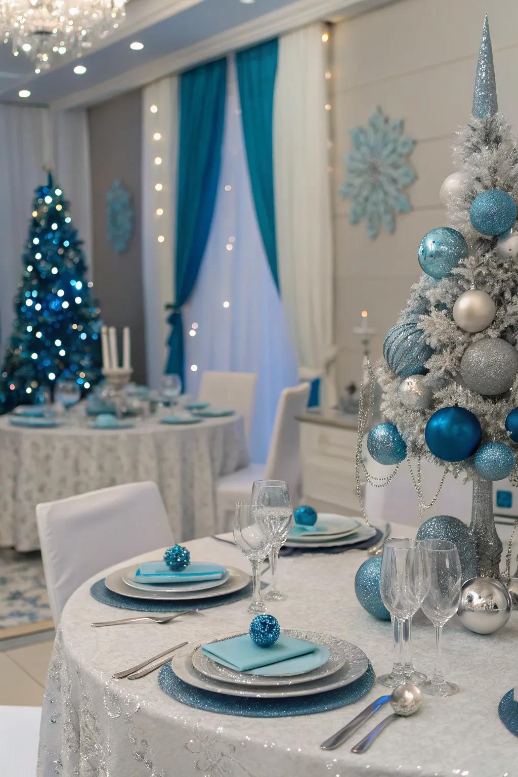 Silver and blue pairings create a serene holiday atmosphere.