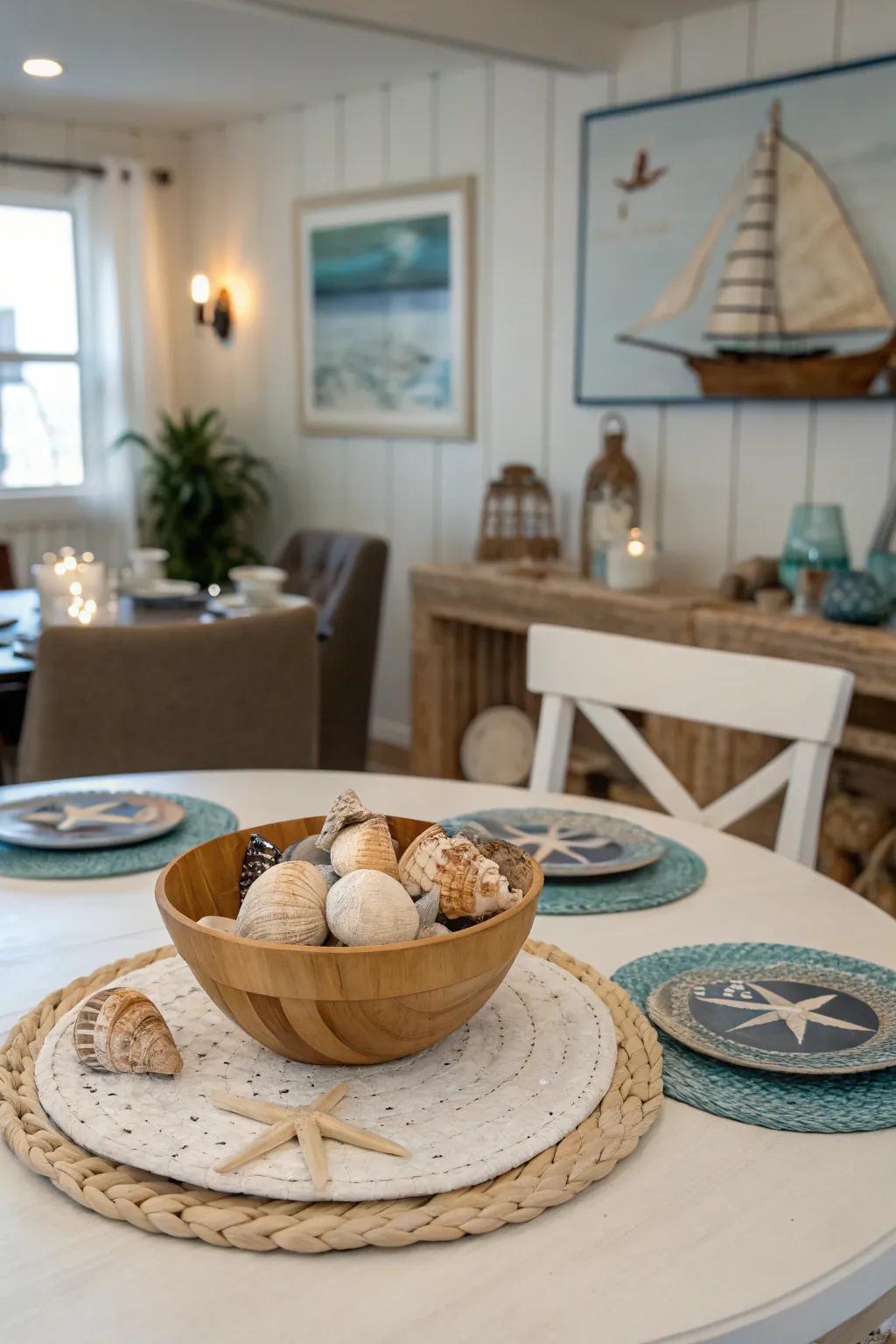 Seashells make for a relaxed, beach-inspired centerpiece.