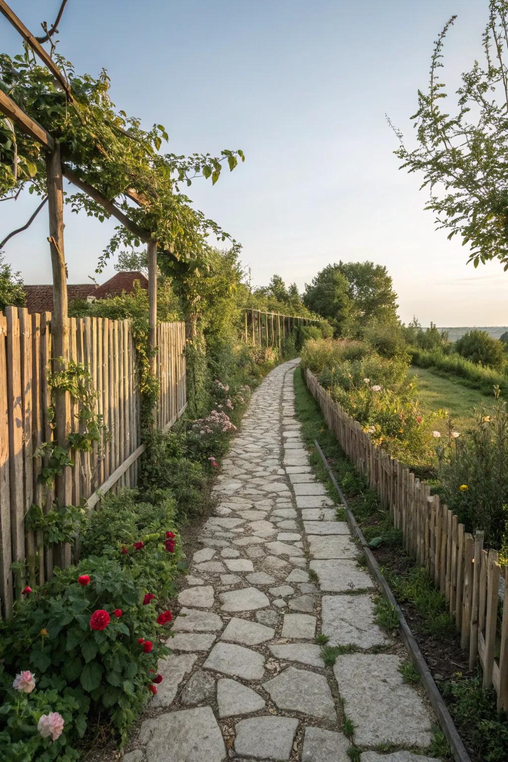 Stone pathways enhance visual appeal and functionality to fence landscapes.