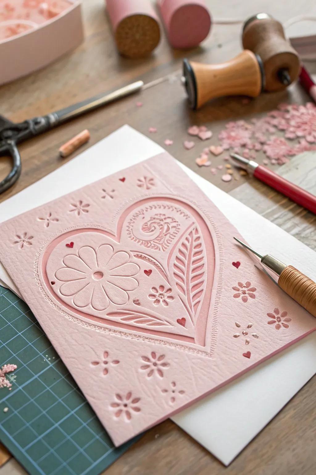 A professionally finished card with elegant embossed heart patterns.