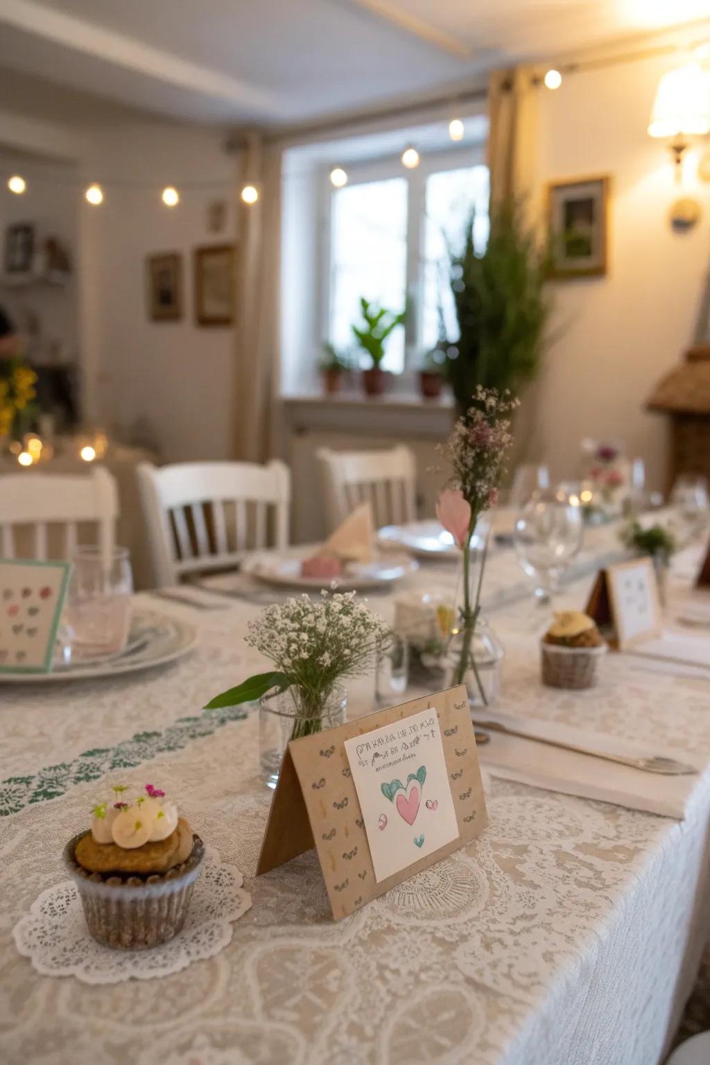 Handmade place cards give the table a personal touch.