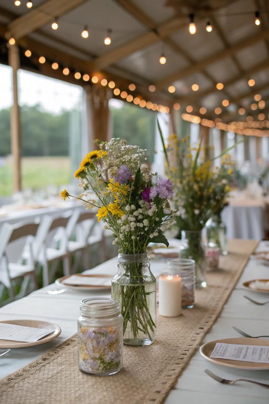 Canning jars filled with wildflowers for a rustic charm.