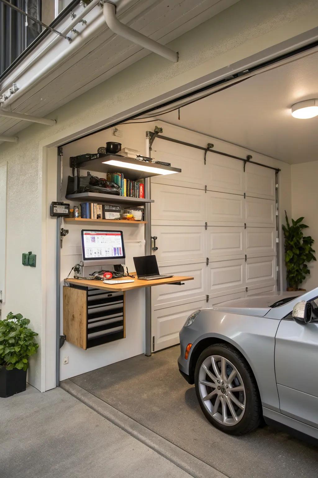Floating desks provide a neat, space-saving work area.