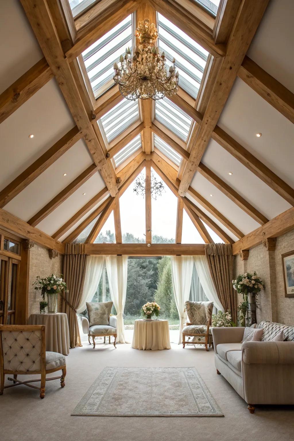 A space with a vaulted ceiling that seamlessly includes a skylight.
