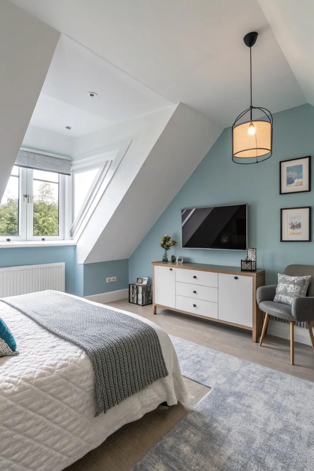 This lovely bedroom is made more visually appealing and deep by a two-tone design.