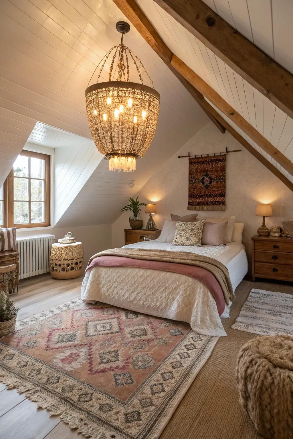 A bold illumination piece adds a touch of elegance to this attic bedroom.