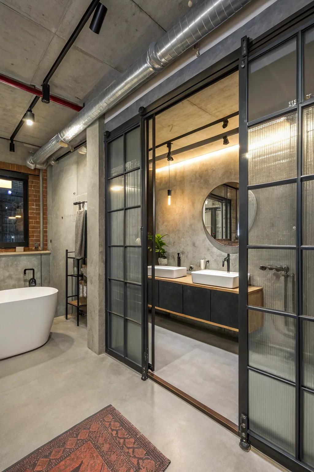 This bathroom has an industrial chic vibe because to the metal sliding doors.