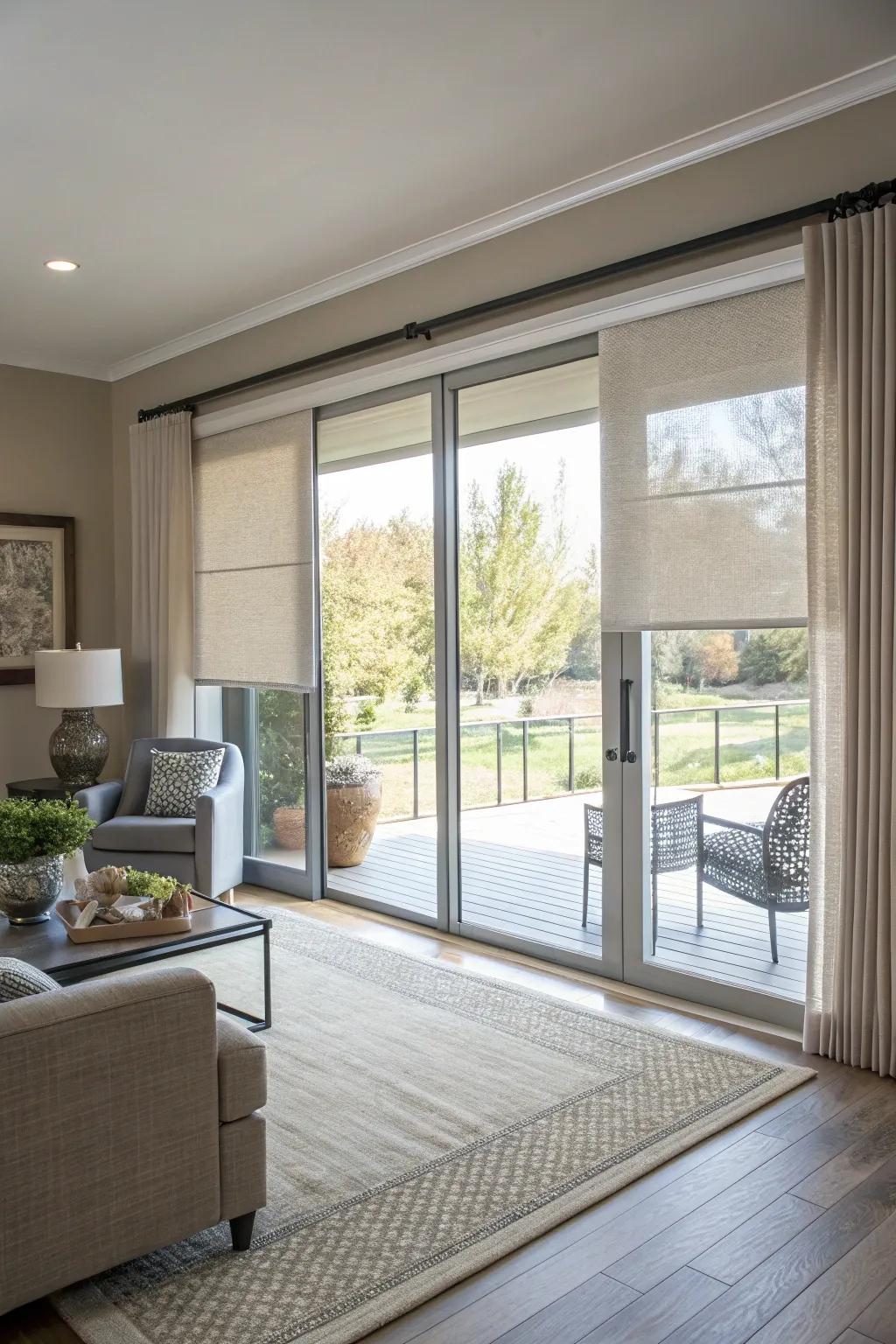 Panel track blinds offer streamlined and functional coverage.