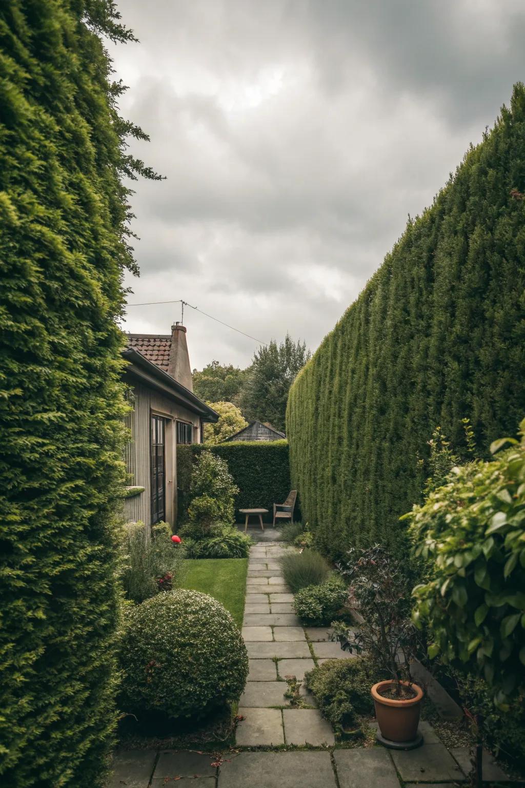 Privacy features like hedges cultivate a secluded and tranquil area.