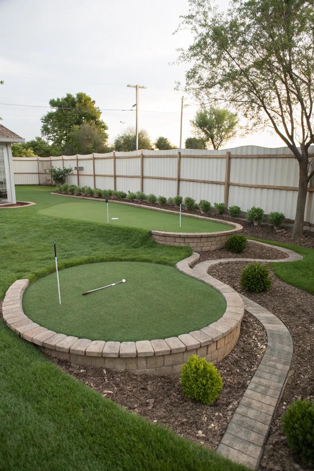 A tiered putting green adding complexity to a small backyard.