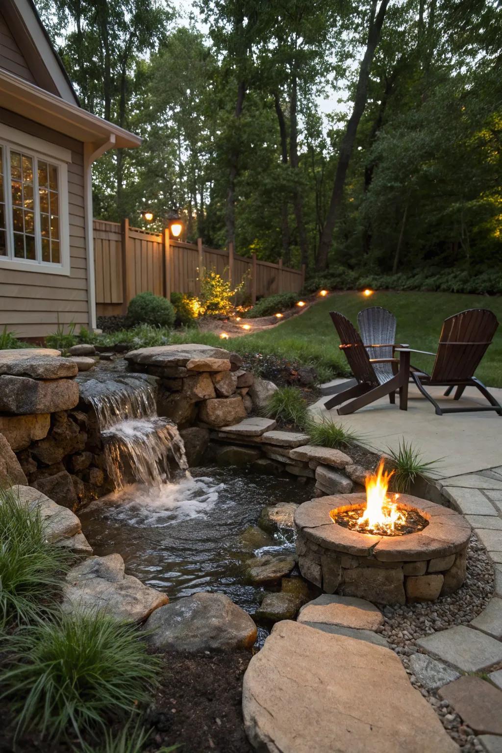 Integrate fire and water for a captivating backyard element.