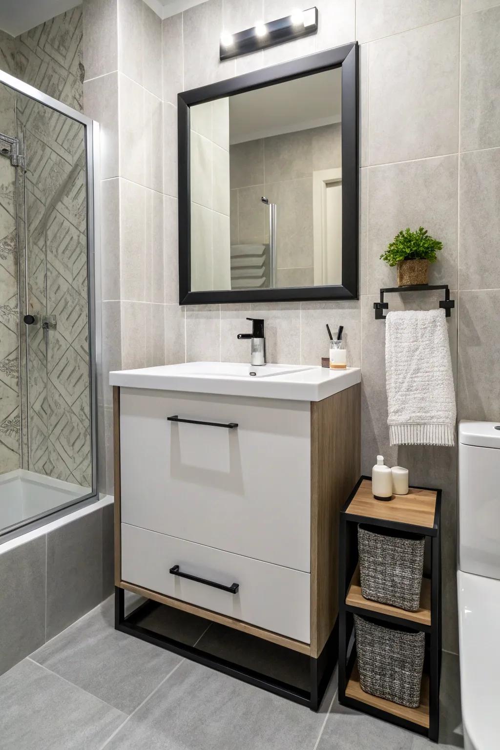 A narrow storage offers storage without crowding a small bathroom.