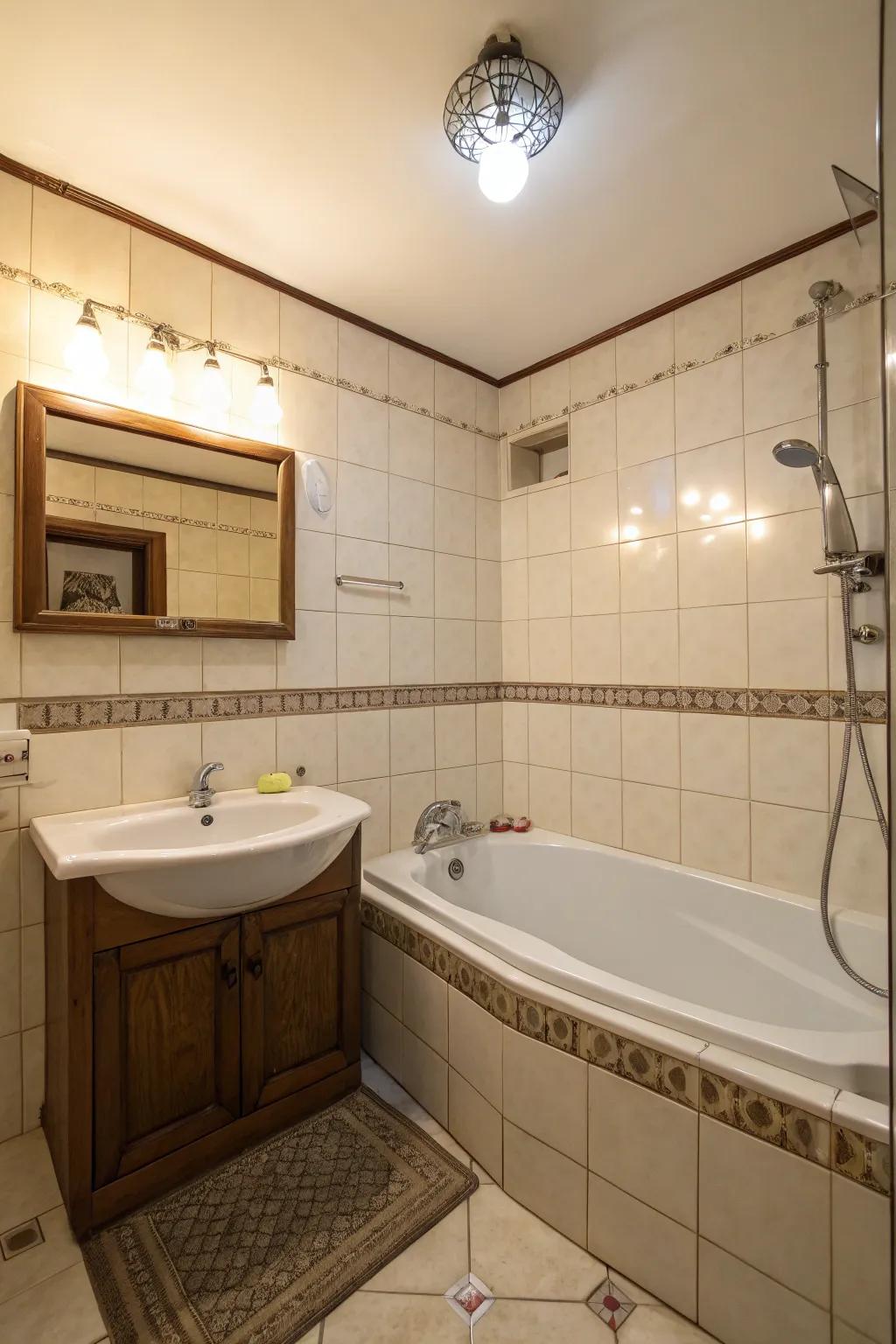 A corner tub optimizes space in a compact bathroom.