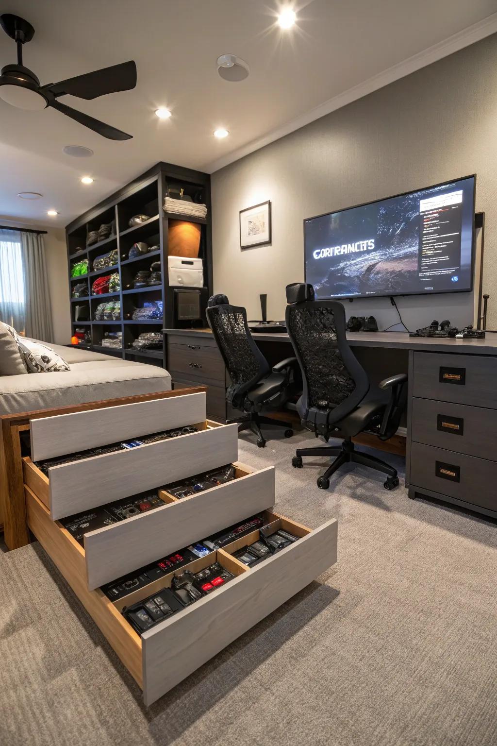 Smart storage keeps your gaming room organized and functional.