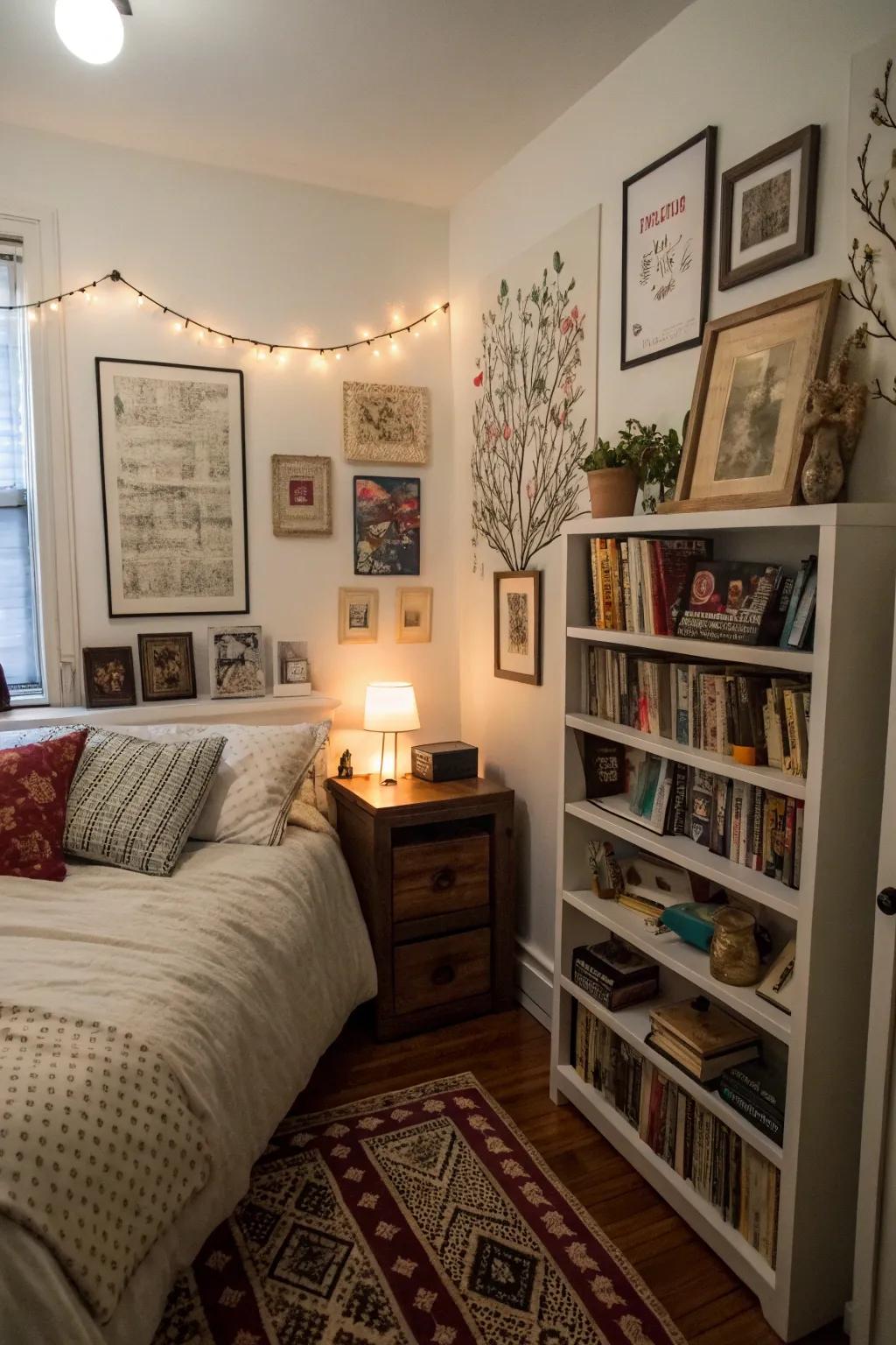 A small bedroom personalized with art pieces and books for a distinctive flair.