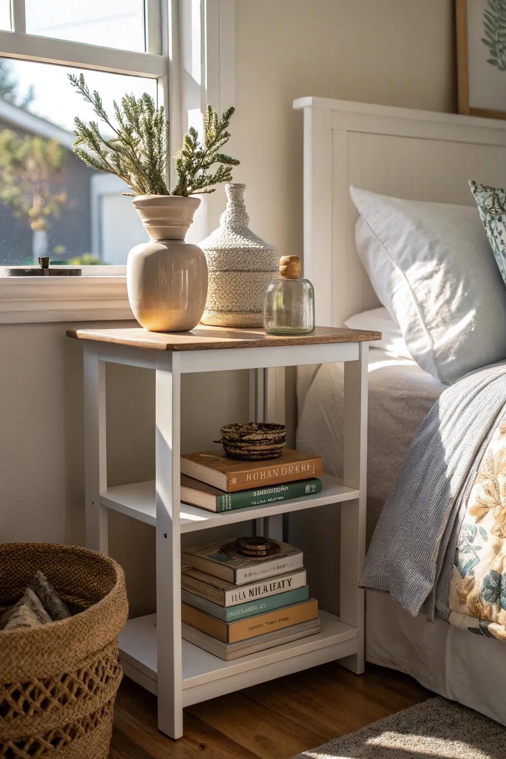 A corner shelf effectively uses space as a bedside table.