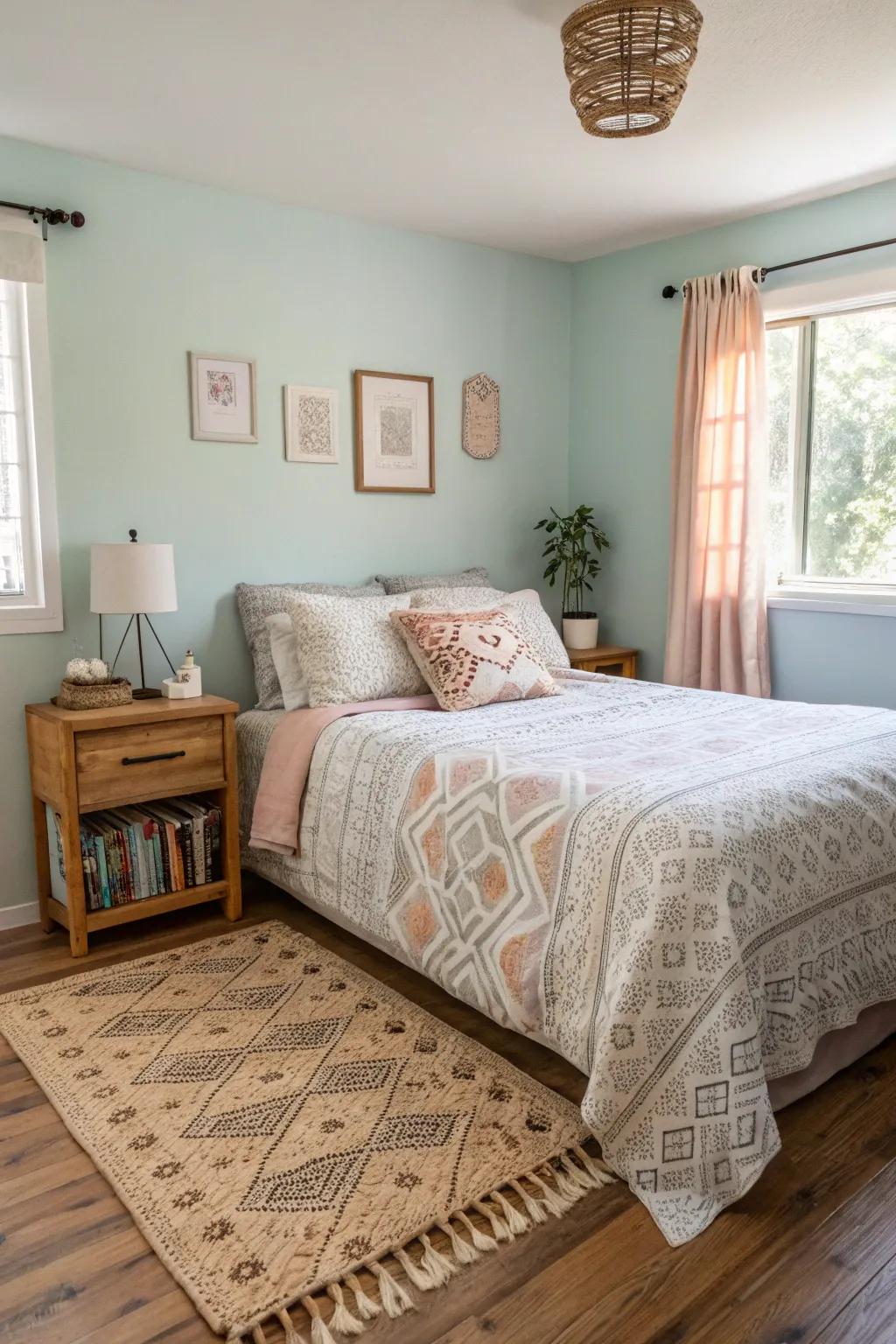 A minimalist approach retains the compact boho bedroom inviting and uncluttered