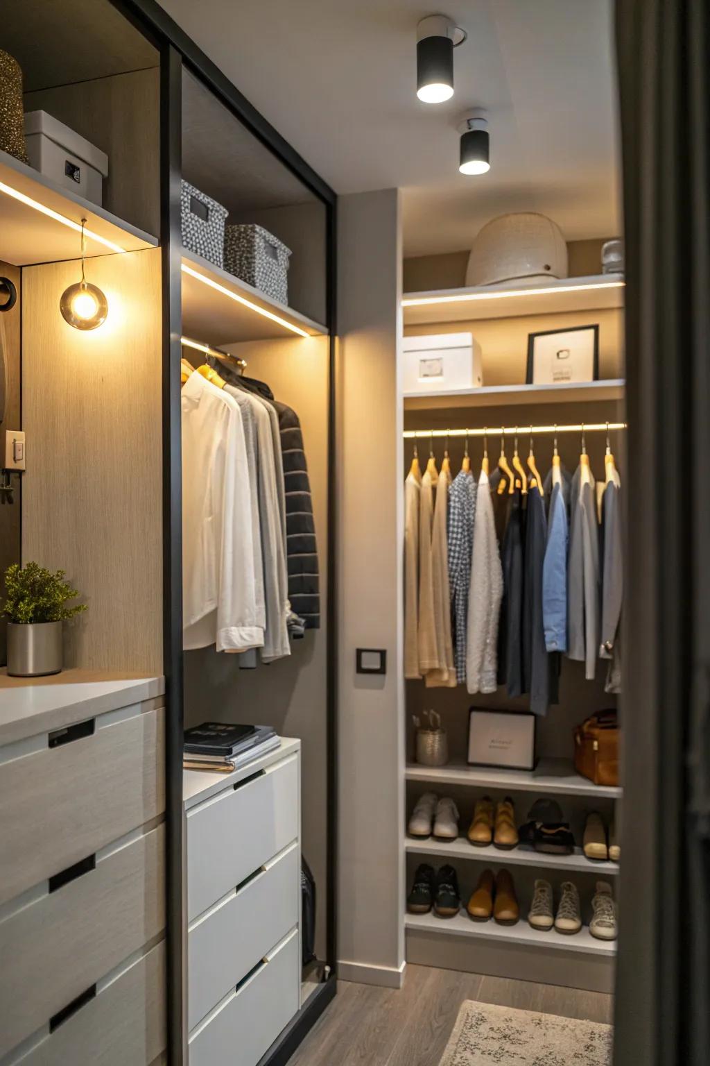 Clever lighting adds efficiency to a compact closet.